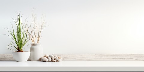 White background with quartz stone countertop - suitable for displaying or adding products.