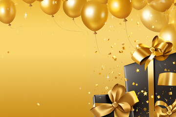 gift boxes and balloons for celebration postcard on golden background