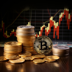 An image of a bitcoin coin with a graph of rising prices and a large pile of money on the back.