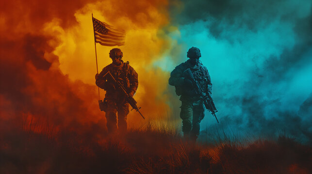 TWO SOLDIERS UNDER A GLOWING AMBER SKY WITH A USA FLAG