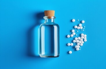 Medicine tablets closeup view with plain blue background