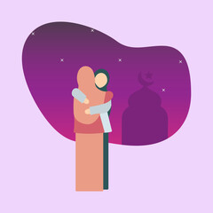 Two Muslim women hugging during Eid Mubarak. Embrace with Love concept. Vector illustration