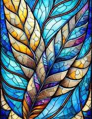 a stained glass piece of leaves on display in front of a window