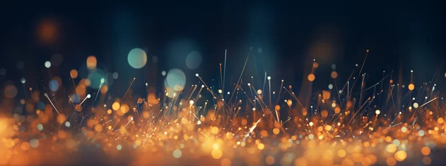 Fotobehang orange birthday magnesium rod sparks with sparkling lights in defocused bokeh background, banner shiny sparklers glowing background for your projects, in the style of light amber and navy, bokeh, dark © Andre