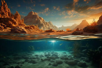 flooded dry desert at sunset and fishes