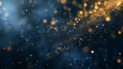 Golden shiny abstract background with blurred emerald lights sprinkles, bokeh. Night, dark, party horizontal panorama, abstract background with Dark blue and gold particle, Ai generated image - obrazy, fototapety, plakaty