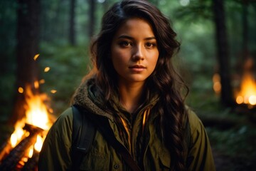 A Portrait of Young Female Scout by the Campfire in the Enchanting Green Forest, Illuminated by the Mysterious Glow of Nighttime Adventure