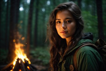 A Portrait of Young Female Scout by the Campfire in the Enchanting Green Forest, Illuminated by the Mysterious Glow of Nighttime Adventure