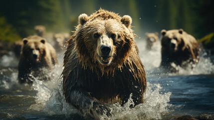Bears in wild nature, running on camera. Action wildlife scene with dangerous animal. Grizzly running along the rocky shore of the river