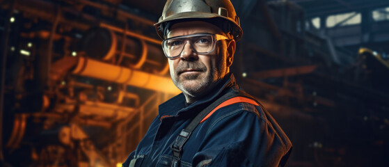 Fototapeta na wymiar Portrait of Professional Heavy Industry Engineer Worker Wearing Safety Uniform, Goggles and Hard Hat Smiling