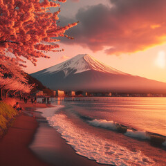 fuji mountain, at sunset, beach, beautiful sunset, nice view, sakura tree, photography, DSLR