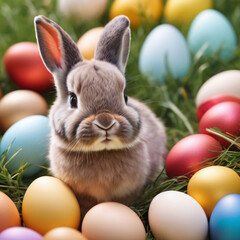 Fototapeta na wymiar Cute Bunny with Colorful eggs . Easter holiday background, realistic, real, DSLR photography