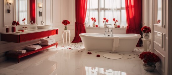 Bright, spacious bathroom with red carpet.