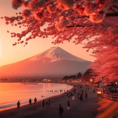Tuinposter fuji mountain, at sunset, beach, beautiful sunset, nice view, sakura tree, photography, DSLR © Giu