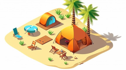 Obraz premium copy space, Illustration vector graphic of summer holiday concept, camping on the beach.Isometric style. Holiday summer theme. Travel destination in the tropics. Adventure with tent on the beach.