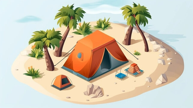 copy space, Illustration vector graphic of summer holiday concept, camping on the beach.Isometric style. Holiday summer theme. Travel destination in the tropics. Adventure with tent on the beach.