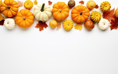 Various fresh ripe pumpkins with dry maple leaves isolated white background, top view photo with copy space
