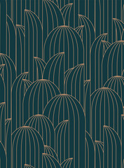 Art deco oval leafy geometrical seamless pattern drawing in dark turquoise palette.