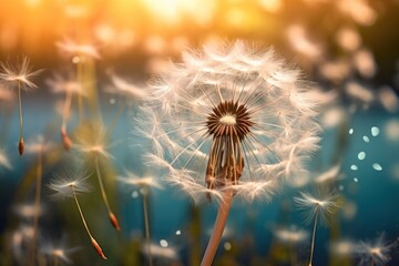 Sun-Kissed Dandelion Seeds Taking Flight in a Vibrant Sunset Backdrop. Generative AI