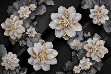 Wallpaper with white gold flowers, in the style of patchwork patterns, modern jewelry, black paintings, gemstone, 8k 3d, light gray and black, mundane materials.