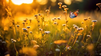 Golden Hour Splendor in a Lush Spring Meadow with Wildflowers and a Lone Butterfly. Generative AI