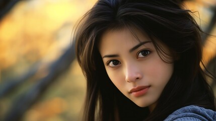 Fototapeta premium Portrait of a beautiful young asian woman in autumn forest.