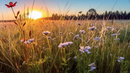 Fototapeta premium Golden Hour Splendor in a Lush Spring Meadow with Wildflowers and a Lone Butterfly. Generative AI