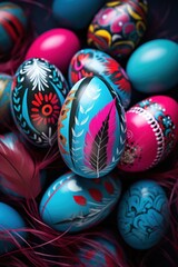Fototapeta na wymiar colorful easter eggs with fearthers 