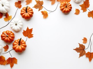 Obraz premium Various fresh ripe pumpkins with dry maple leaves isolated white background, top view photo with copy space