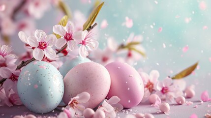 Fototapeta na wymiar Colorful easter eggs and spring flowers on pastel blue background