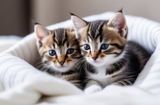 Two small striped domestic kittens sleeping hugging each other at home. cute adorable pets cats.