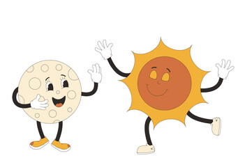 Moon and sun cartoon characters in retro style. Smiling comic characters isolated on white background. Vector illustration