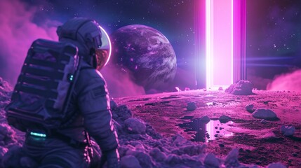 astronaut observing a neon portal on another planet in space and another universe - obrazy, fototapety, plakaty