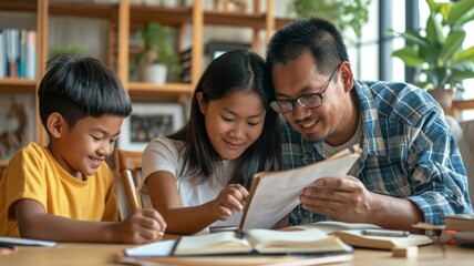 Asian father supports his children in doing homework. Mutual understanding in the family