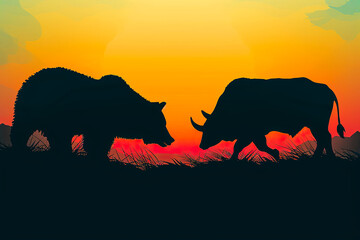 Silhouettes of a bull and bear at sunset. 