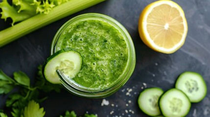 Obraz premium Green smoothie with cucumber and celery in jar on table
