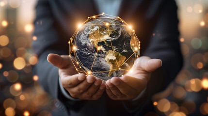 Businessman Holding a Glowing Globe with Network Connections