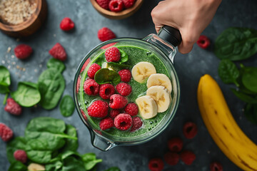 Top view of woman blending spinach, berries, bananas and almond milk to make a healthy green smoothie by using blender. - obrazy, fototapety, plakaty