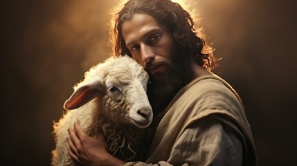 Portrait of Jesus Christ with sheep on sunset background with copy space