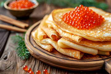 Pancakes topped with red caviar on wooden platter, rustic style. Traditional Russian cuisine dish to celebrate Maslenitsa. Festive food concept. Russian blinis with salmon roe. Crepes with caviar