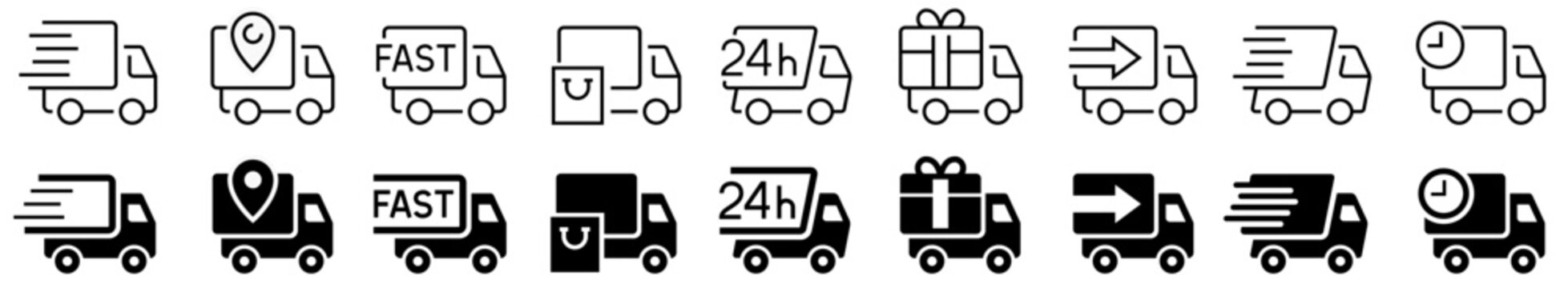 Delivery Truck icon set. Logistic trucking sign. Delivery flat and line icons. Editable vector. Vector illustration.