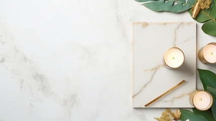 Fototapeta na wymiar Top view composition of elegant candles, gold pen, and binder clips on a luxurious white marble background with a vase filled with fresh eucalyptus, creating a stylish and serene atmosphere
