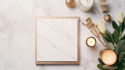 Obraz na płótnie Canvas Top view composition of elegant candles, gold pen, and binder clips on a luxurious white marble background with a vase filled with fresh eucalyptus, creating a stylish and serene atmosphere