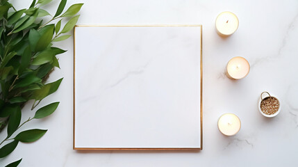 Top view composition of elegant candles, gold pen, and binder clips on a luxurious white marble background with a vase filled with fresh eucalyptus, creating a stylish and serene atmosphere