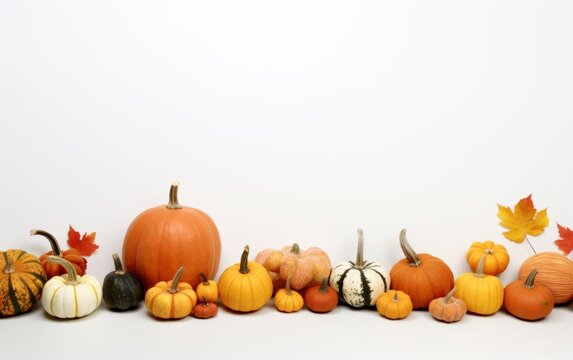 Various fresh ripe pumpkins isolated white background, top view photo with copy space