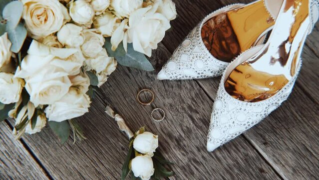 Wedding morning. A bride's bouquet of white flowers with  women's high-heeled shoes, a diamond engagement ring .