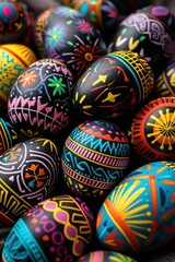 Fototapeta na wymiar Colorful painted Easter eggs background with traditional Ukrainian folk patterns