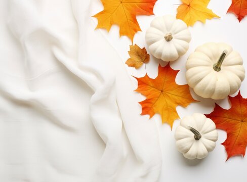 White pumpkin, dry maple leaves and white cloth on isolated white background. thanksgiving and autumn theme, minimalist design