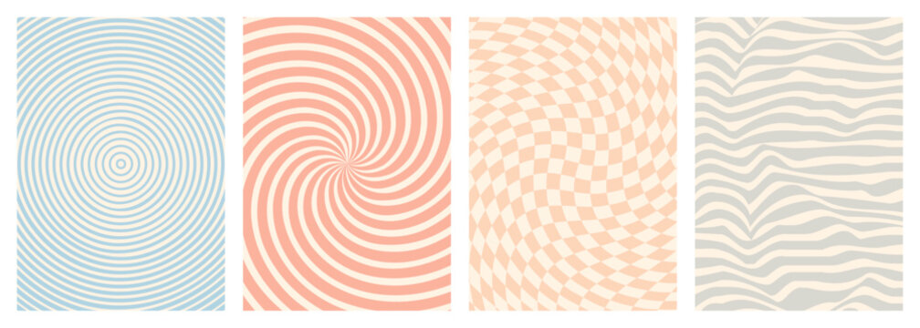 Twisted and distorted vector groovy hippie background. Waves, swirl, twirl pattern. Set of backgrounds in trendy retro psychedelic style. Vector illustration