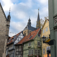 Colorful facades of half-timbered houses in the old town of Saxony-Anhalt, Germany